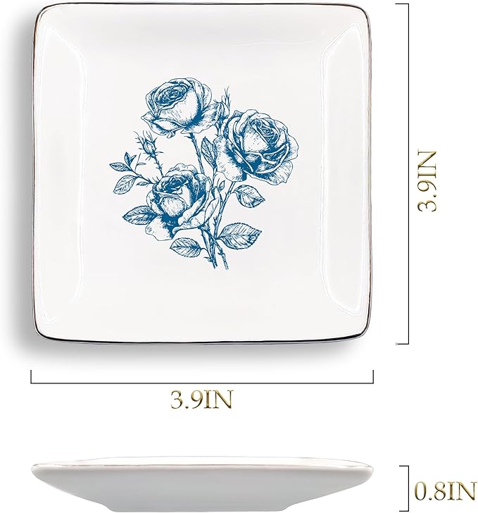 Blue Rose Floral Jewelry Tray, Vintage Flower Ceramic Jewelry Dish Tray for Rings & Earring for Graduation Gifts, Preppy Ring Dish, Chinoiserie Trinket Dish for Women Friends Sister Accessories