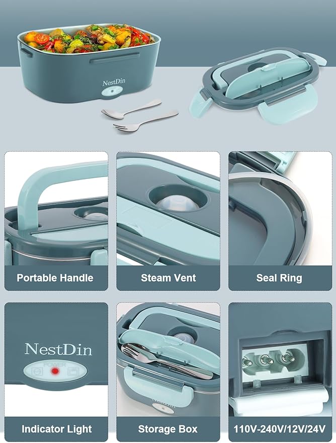 80W Electric Lunch Box for Adults, Portable Heated Lunch Box for Men, 1.5L Food Warmer Lunchbox for Car/Truck/Office, 12V/24V/110V Leak-Proof, Dishwasher-Safe with Insulated Bag (Minty Green)