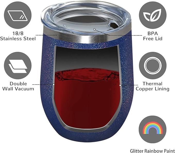 MEWAY 12oz/12 Pack Wine Tumbler Glasses with Lid - Stemless Double Wall Vacuum Stainless Steel Glitter Tumbler - Keeping Cold & Hot Cup for Coffee,for Women(Rainbow Navy,Set of 12)