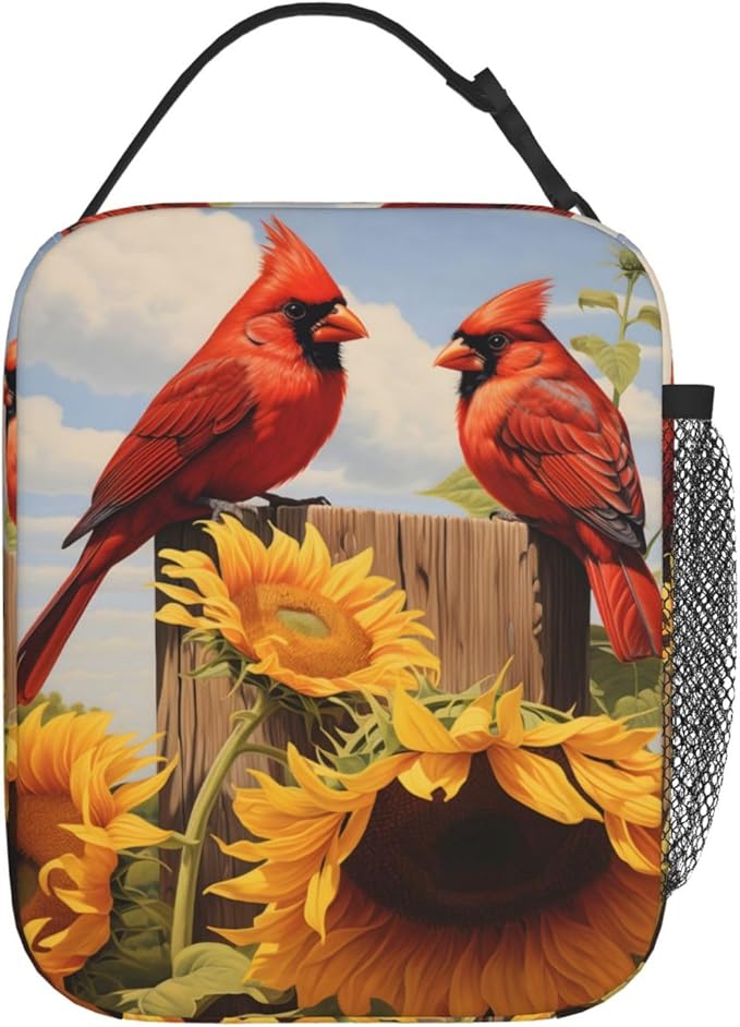 Reusable Red Cardinal Lunch Box for Kids, Insulated Sunflower Retro Bag,Polyester Cooler Bird Lovers Handbags Case for School Picnic Work Travel Beach or Hiking, Gifts