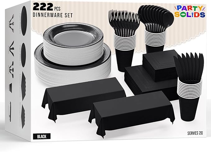 222 Pcs Black Paper Plates and Napkins Sets, Disposable Plates For Party, Lunch & Cocktail Napkins Paper, 18oz Plastic Cups, Cutlery and Black Table cloth Plastic Dinnerware Set