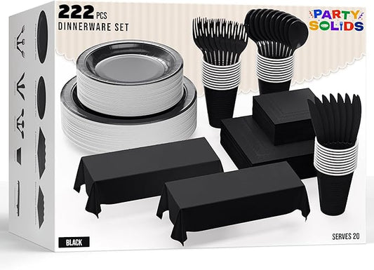 222 Pcs Black Paper Plates and Napkins Sets, Disposable Plates For Party, Lunch & Cocktail Napkins Paper, 18oz Plastic Cups, Cutlery and Black Table cloth Plastic Dinnerware Set
