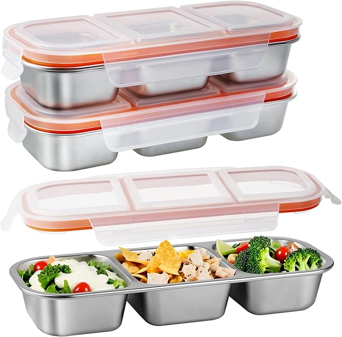 3 Pack Stainless Steel Snack Containers with Lids, Leakproof Lunch Box Containers, Reusable 3 Compartment Snackle Box, Grab and Go lunchable container for Travel