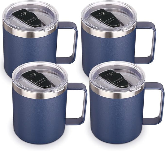 Volhoply 14oz Insulated Stainless Steel Coffee Mug with Lid Bulk 4 Pack,Double Wall Vacuum Travel Coffee Cup with Handle,Reusable Metal Cups Tumbler,Camping Mugs Keep Hot,Ideal Gifts(Navy,4)