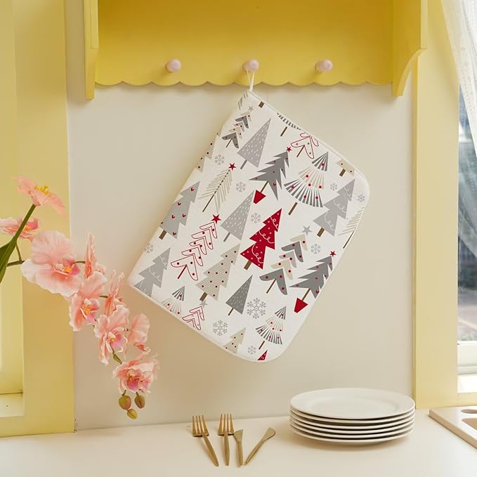 Christmas Decor Dish Drying Mat 18 x 24 inch Geometric Colorful Christmas Tree Pine Trees Decorative Drying Mats Microfiber Absorbent Dish Washable Draining Mat for Kitchen Counter