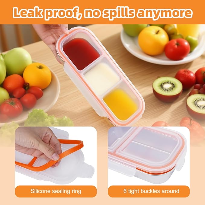 Stainless Steel Snack Containers with Lids, Reusable Condiment Storage Box, Divided Food Storage for School, Home, Travel, Multiple Compartment Leak-Proof Box (‎3 Compartment)