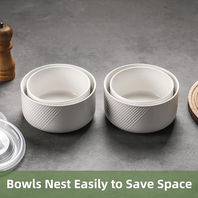 Ceramic Nesting Bowls with Lid: Microwave Safe Food Storage Containers for Work Lunch Picnic Camping Meal Prep Soup Salad Cereal Leftovers - 5 & 6 Inch, 20 & 32 oz, Set of 4, White