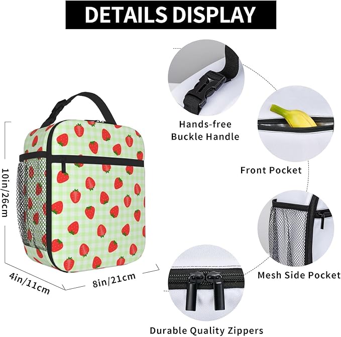 Strawberry Kid Lunch Bag Insulated Reusable Lightweight Water Resistant Green Grid LunchBox with Water Bottle Holder for Boys Girls Lunch Tote