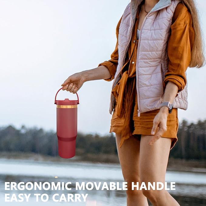 30 oz Tumbler Bulk with Handle and Straw, Vacuum Insulated Tumblers with Flip Straw and Top Handle, Leakproof Powder Coated Tumbler, Stainless Steel Travel Mug for Coffee Water (Red, 8 Pack)