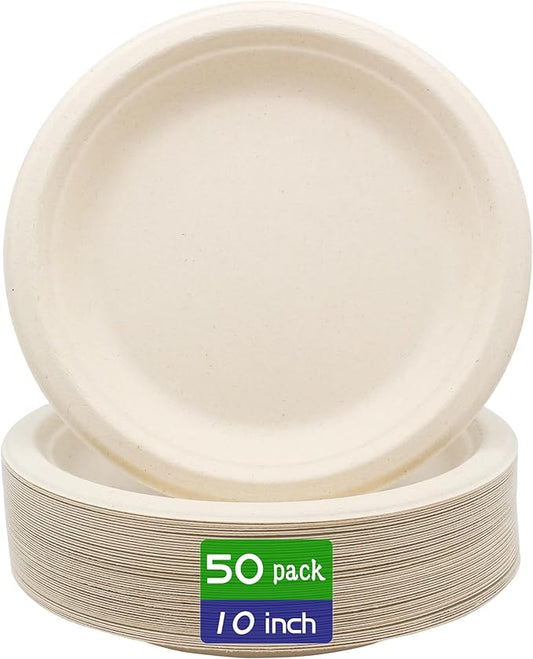 BLUE TOP 100% Compostable Disposable Paper Plates Heavy Duty Waterproof Plates-50 Pack 10 inch Eco-Friendly Plates, Natural Biodegradable Sugarca Bagasse Dinner Plates Unbleached Brown