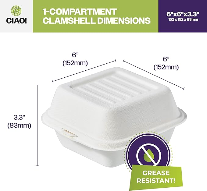 CIAO! 6"x6"x3" Clamshell 1 Compartment 100% Compostable Ecofriendly PFAS Free Unbleached Bagasse Natural White (500/case)