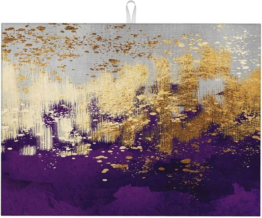 Purple Gold Abstract Art Dish Drying Mat for Kitchen Counter, 18" x 24" Absorbent Microfiber Drying Pad for Dishes, Decorative Kitchen Mat for Sink Area & Coffee Bar, Foldable Reversible Purple Decor