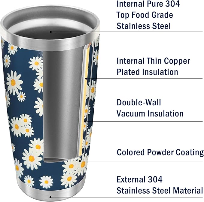 WETOWETO 20oz Tumbler with 2 lids and 2 straws, Stainless Steel Vacuum Insulated Water Coffee Tumbler Cup with Handle, Double Wall Powder Coated Spill-Proof Travel Mug (Daisy Flower, 1 Pack)