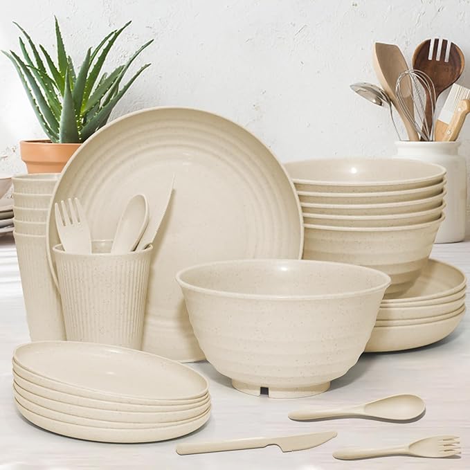 42 pcs Wheat Straw Dinnerware Sets - SHECIPIN Unbreakable Reusable Dinnerware Set Kitchen Cups Plates and Bowls Sets,Dishwasher Microwave Safe (Beige)