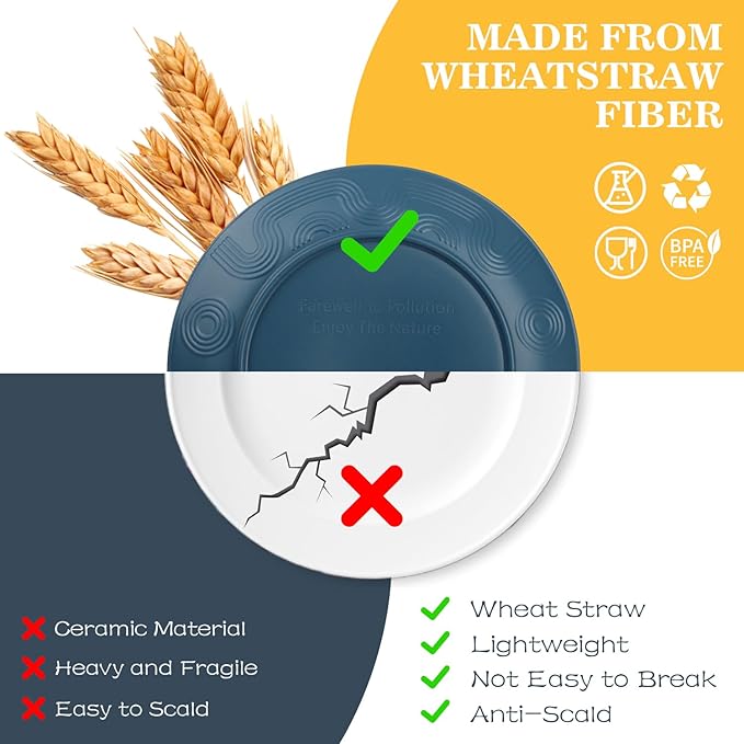 Wheat Straw Dinnerware Sets 40 PCS| Plates and Bowls Sets for 8, Unbreakable Dinner Plate, Dessert Plates, Cereal Bowl, Drinking Cups, Microwave Safe Dishes Set for Kitchen, Outdoor - Multi