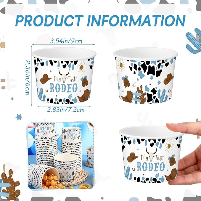 50 Pack My First Rodeo Birthday Party Supplies Decorations 1st Rodeo Party Treat Snack Cups 9 oz Western Cowboy Disposable Dessert Bowls Paper Soup Bowls for Hot or Cold Food Boy Baby Shower