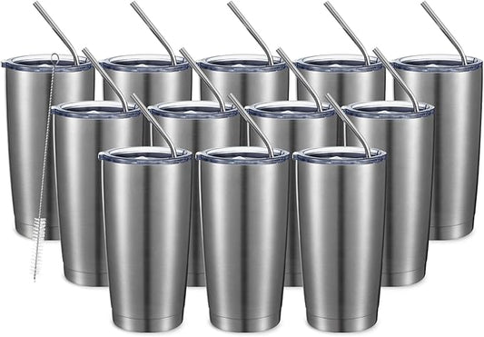 COMOOO 20oz Stainless Steel Tumbler Double Wall Vacuum Coffee Cup Insulated Travel Mug with Lid and Straw Durable Powder Coated Insulated Coffee Cup for Cold & Hot Drinks (Silver, 12 pack