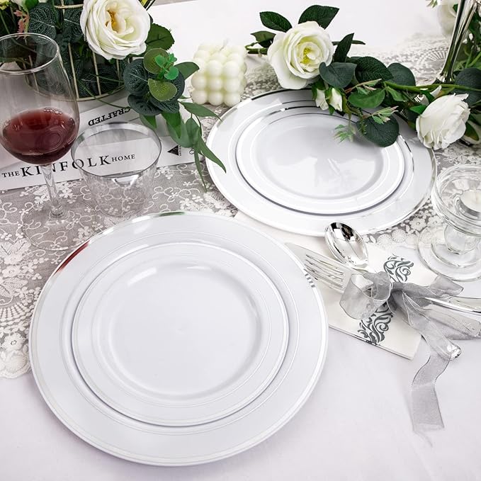 bUCLA 350PCS Silver Plastic Dinnerware Set for 50 Guests - Silver Plates Disposable Include 50 Dinner & 50 Dessert Plates,50 Forks,50 Knives,50 Spoons,50 Cups,50 Napkins for Party & Christmas