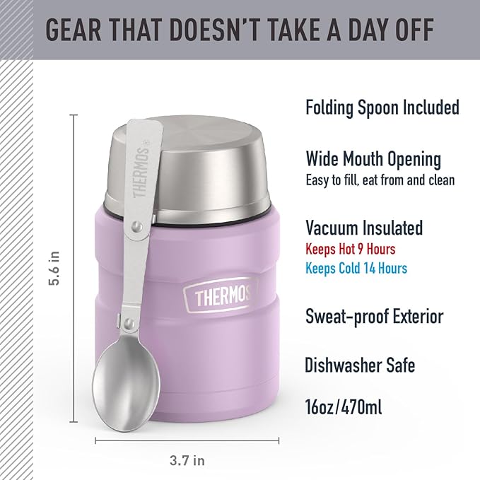 THERMOS Stainless King Vacuum-Insulated Food Jar with Spoon, 16 Ounce, Matte Lavender