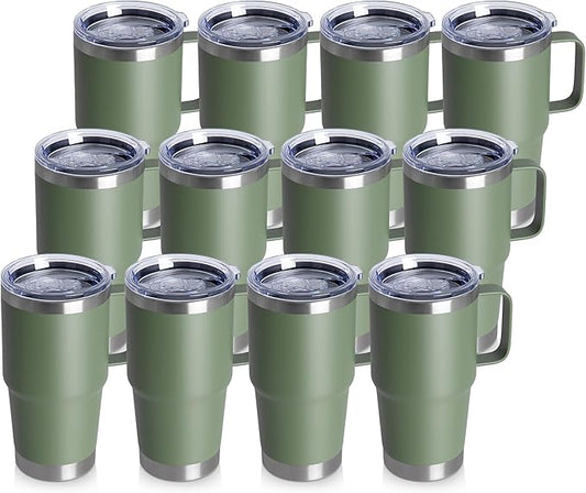 20oz Tumbler Bulk with Lid, Stainless Steel Tumbler Bulk with Handle, Metal Insulated Travel Coffee Mug Set with Handle, Double Wall Vacuum Leak Proof Tumbler Cup, Amy Green 12 Pack