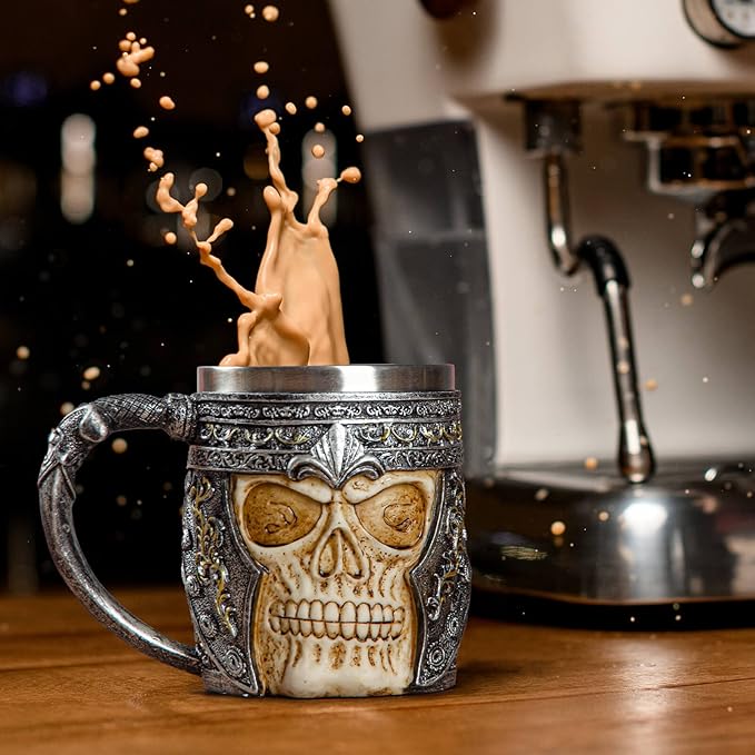 Skull Coffee Mug Stainless Steel Viking Gifts for Men Beer Mugs Novelty Christmas Gifts for Father, Husband Cool Coffee Mugs, 12.25 oz