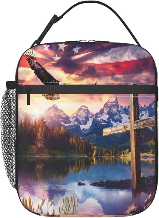 Patriotic Eagle Polyester Lunch Box for Kids,American Flag Reusable Thermal Lunch Bag for Boys Women,Cool Insulated Tote Cooler Bags for School,Work,Picnic,Travel,Mountain Landscape Design