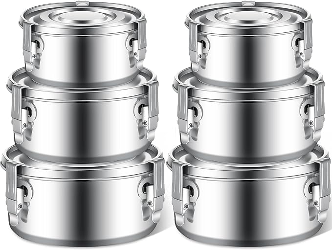 Zopeal 6 Pcs Stainless Steel Food Storage Containers with Lid Bento Lunch Boxes Reusable Metal Flat Canisters for Camping Trips Picnic Snacks Soups Salads Leftovers, 3 Sizes (54oz, 74oz, 101oz)