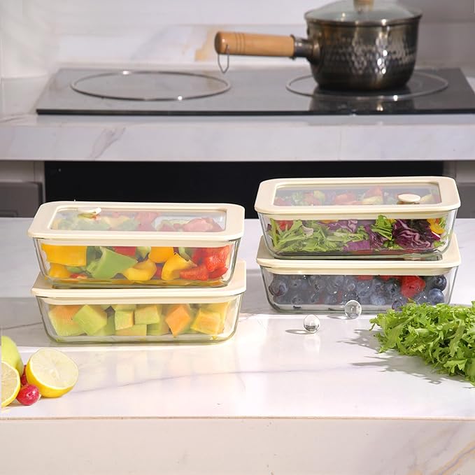 Urban Green Glass Food Container Set with Glass Lid, 4 Pack, Food Storage Containers Set, Airtight, LeakProof, 100% Plastic Free, Meal Prep Containers (White Color)