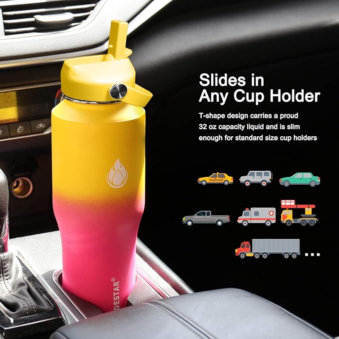 SENDESTAR 32oz Water Bottle Wide Mouth Stainless Steel Vacuum Insulated Double Wall with 2 Straw Lids Fit in Any Car Cup Holder TXIN-32-YP-1