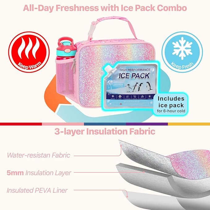Bagseri Girls Lunch Bag with Ice Pack - Kids Lunch Box for Girls Reusable Leak-Proof and Insulated Kids Lunch Bag Toddler Lunch Box for Daycare and School, Glitter Pink Unicorn