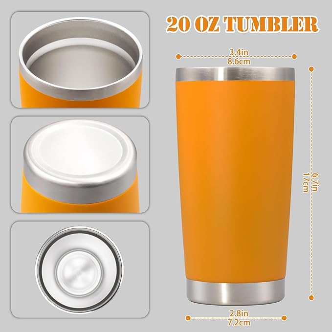 20 oz Tumbler with lid Double Wall Vacuum Insulated Tumblers Stainless Steel Coffee Mug Travel Coffee Tumbler Powder Coated Tumbler Cup Keep Hot&Cold - (Orange 6 Pack)