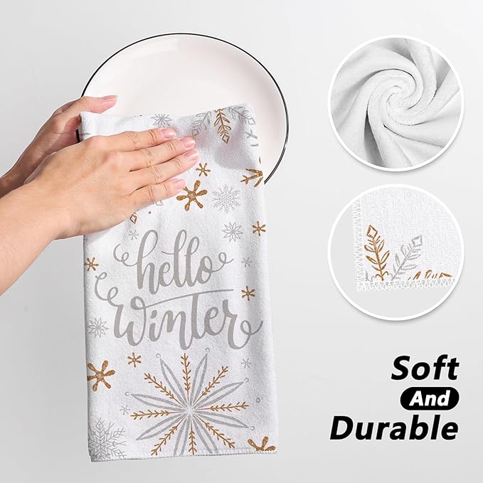 Siilues Christmas Kitchen Towels Set of 2, 18x26 Inch Merry Christmas Dish Towels Hello Winter Christmas Decor Seasonal Winter Christmas Decorations for Home Drying Dishcloth