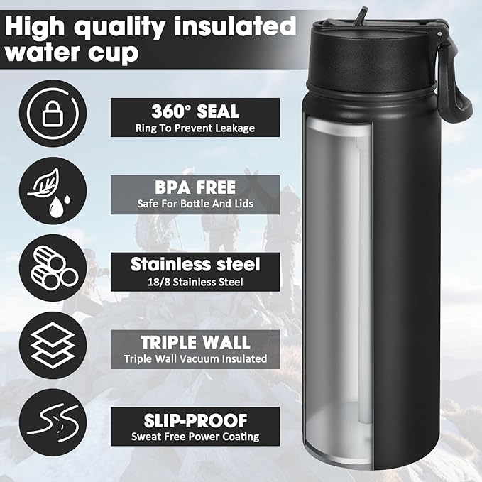 24 oz Insulated Water Bottle with Straw, Stainless Steel Double Wall Vacuum Thermos with Straw Lid Leak Proof, Wide Mouth Lid, Keep Cold and Hot