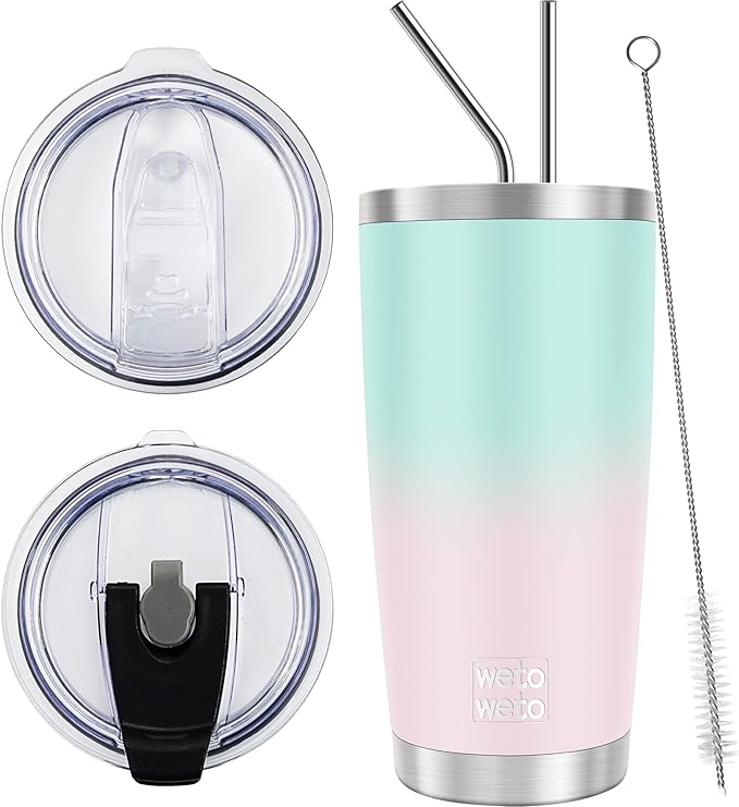 WETOWETO 20oz Insulated Stainless Steel Tumbler, Coffee Tumbler with 2 Lids and 2 Straws, Double Wall Vacuum Leak-proof Travel Coffee Mug, Powder Coated Water Cup (Green-Pink Gradient, 1 Pack)