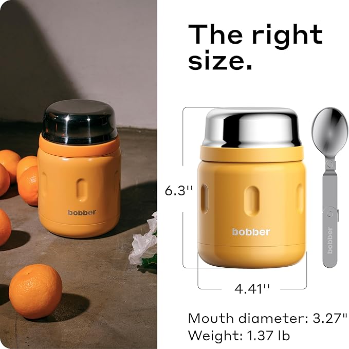 BOBBER 16 oz Insulated Stainless Steel Food Jar with Extra-Wide Mouth, Built-in Spoon & Bowl - Keeps Hot for 10 Hours and Cold for 15 Hours - Leakproof Lunch Thermos for Adults (Orange)