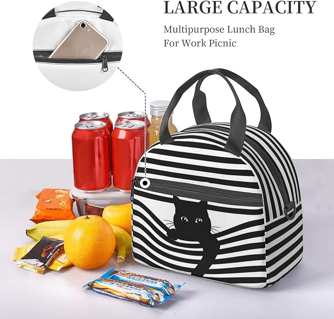 Black Cat Reusable Insulated Lunch Box Waterproof Lunch Bag with Detachable and Adjustable Shoulder Strap for Office Picnic or Travel