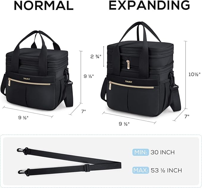 TOURIT Insulated Lunch Box Bag, Double Deck Leakproof Cooler Tote for Work Office Picnic, Expandable Lunch Container, Black