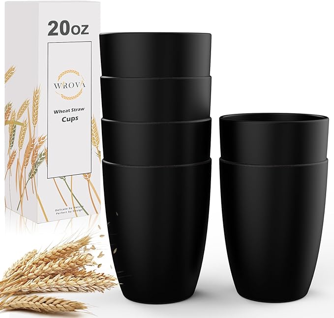 Wrova Wheat Straw Cups 6 PCS Good Alternative to Plastic Reusable Cups 20 oz Unbreakable Drinking Cup Reusable Dishwasher Safe Water Plastic Glasses Black
