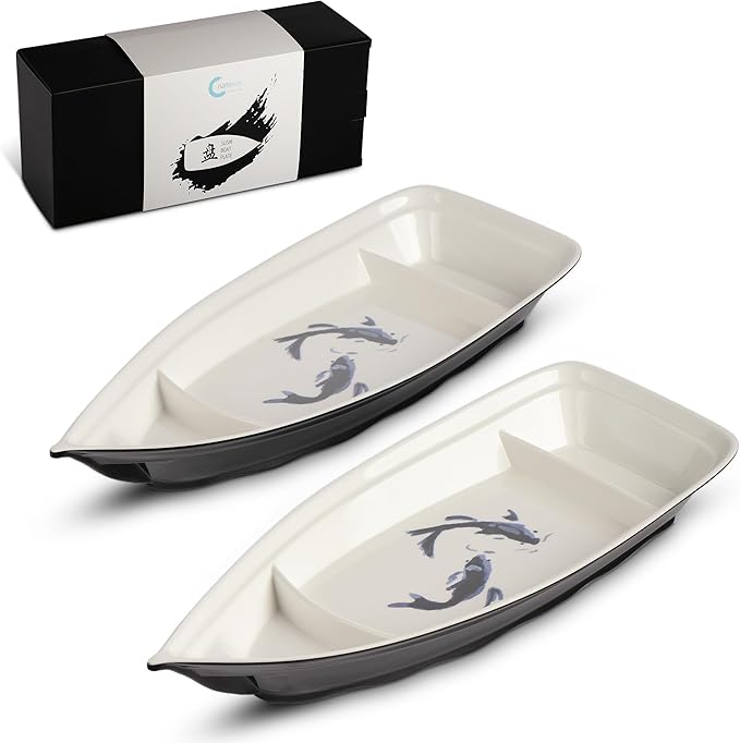 Sushi Boat Serving Tray - Set of 2 Elegant Serving Dishes - Nearly Unbreakable Melamine Plastic Plate - Top Dishwasher Safe