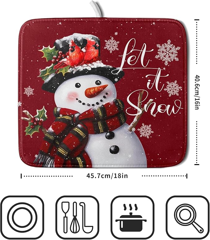 Christmas Dish Drying Mat for Kitchen Counter Snowman Let It Snow Microfiber Absorbent Dish Draining Reusable Washable Foldable 16"x18"
