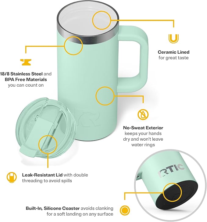 RTIC 16oz Road Trip Travel Mug with Lid and Handle, Ceramic Lined, Insulated, Stainless Steel, Metal, Double Wall Vacuum-Insulation, Portable Coffee, Tea Cup for Hot and Cold Drink, Fresh Mint