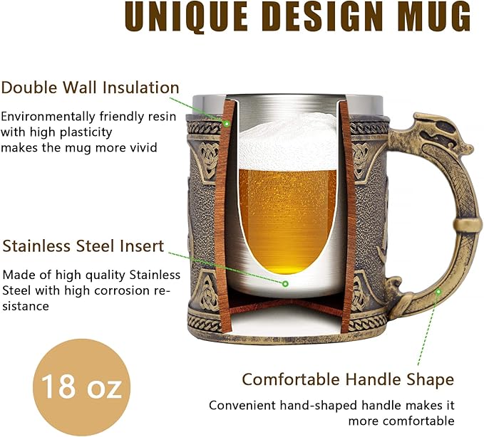 Valkyrie Beer Mug Norse Viking Decor,Stainless Steel Drinking Tankard Coffee Cup Norse Viking Mug Poetic Gothic Party Decoration Drinkware Gift Mugs for Men 18OZ