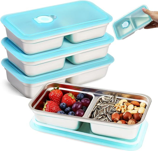 3PCS Grab and Go Snack Containers, Stainless Steel Reusable Double Compartment Snack Box Containers with Lids Dishwasher Safe Travel & Outdoor Camping Portable Food Storage