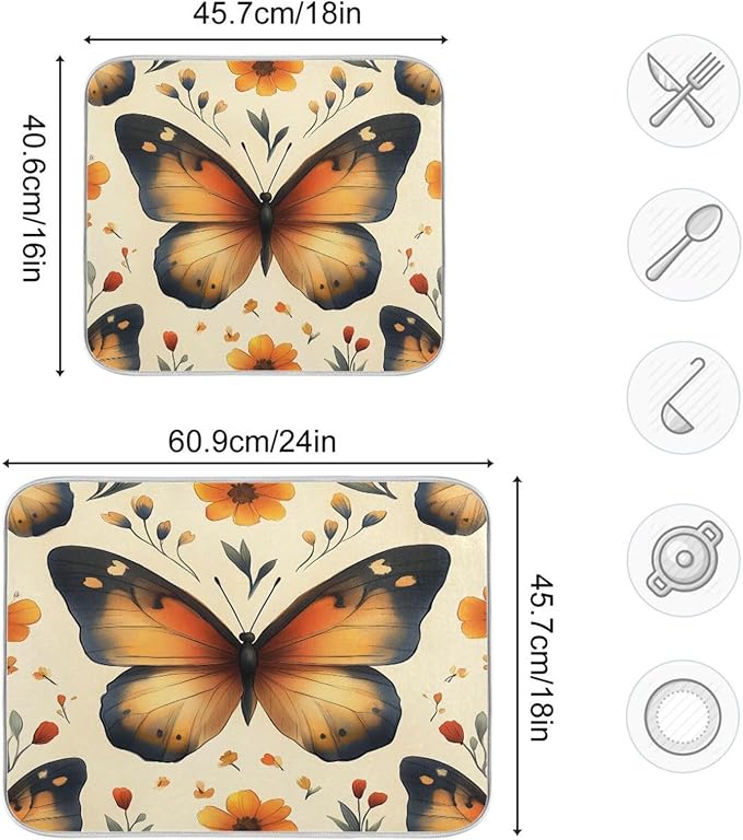 Watercolor Butterfly Pattern Dish Drying Mat for Kitchen Counter Super Absorbent Dishes Pad Reversible Microfiber Protector Dish Draining Mats 18x24 inch