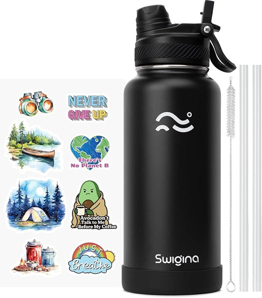 [2-IN-1 LID] Insulated Water Bottle with Silicone Boot (36hrs Cold/18hrs Hot) - DIY Stickers, Leakproof, BPA Free, 32 oz