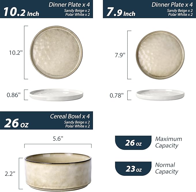 LIANYU Plates and Bowls Dinnerware Sets, 12 Piece Stoneware Dishware Set for 4, Dish Tableware Sets Includes Dinner Salad Plates Cereal Bowls, Chip & Scratch Resistant, Polar White & Sandy Beige