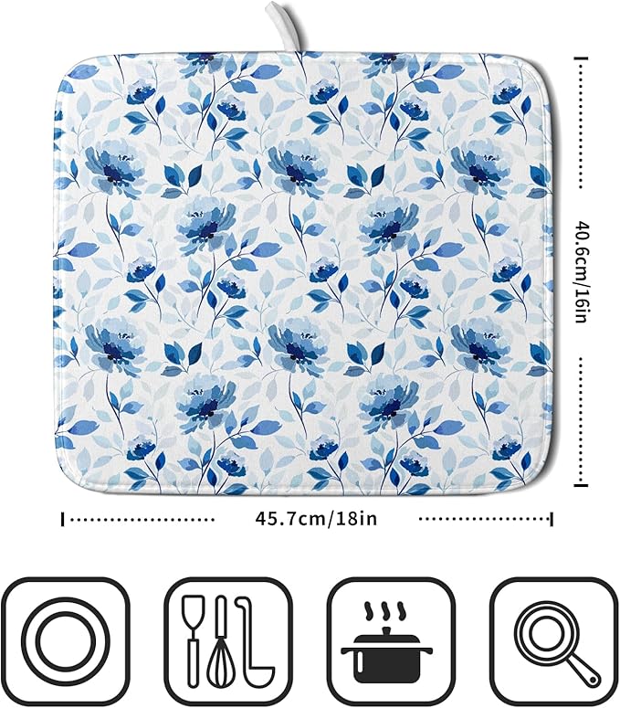 Blue Floral Dish Drying Mat 16x18 inch Flower Leaves Dish Rack Pad Microfiber Washable Dishes Drainer Pad Kitchen Countertop Accessories