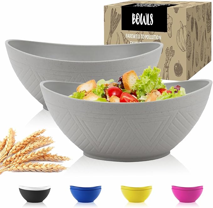 Wrova Wheat Straw Bowls Set,Unbreakable Large Salad Bowls Set of 2,Microwave and Dishwasher Safe Bowls Plastic Bowls for Eating,BPA Free Salad Bowl for Serving,Oatmeal and Salad.Gray