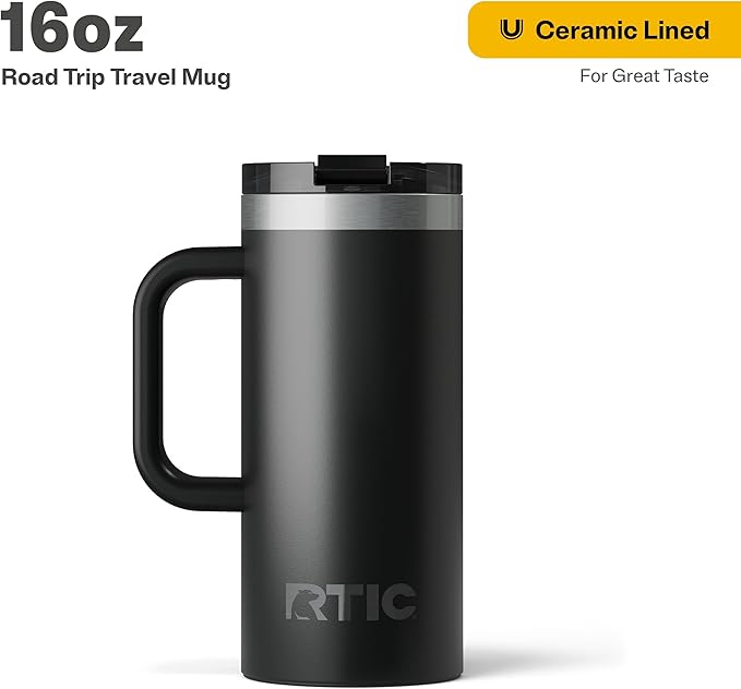 RTIC 16oz Road Trip Travel Mug with Lid and Handle, Ceramic Lined, Insulated, Stainless Steel, Metal, Double Wall Vacuum-Insulation, Portable Coffee, Tea Cup for Hot and Cold Drink, Black