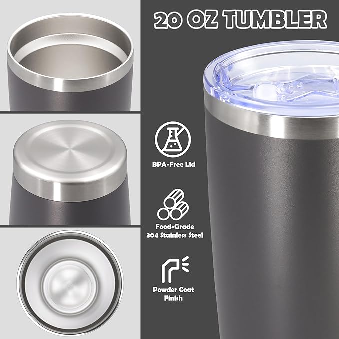 20oz Tumbler Bulk Stainless Steel Tumbler Cup with Lid Vacuum Insulated Double Wall Travel Mug, Durable Powder Coated Travel Coffee Tumbler Mug for Hot & Cold Drinks, Grey,8 Pack